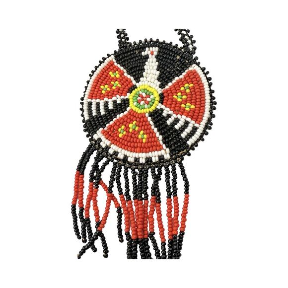 VTG Black Thunderbird Native American Medallion Necklace Seed Bead Leather Back - Picture 7 of 10